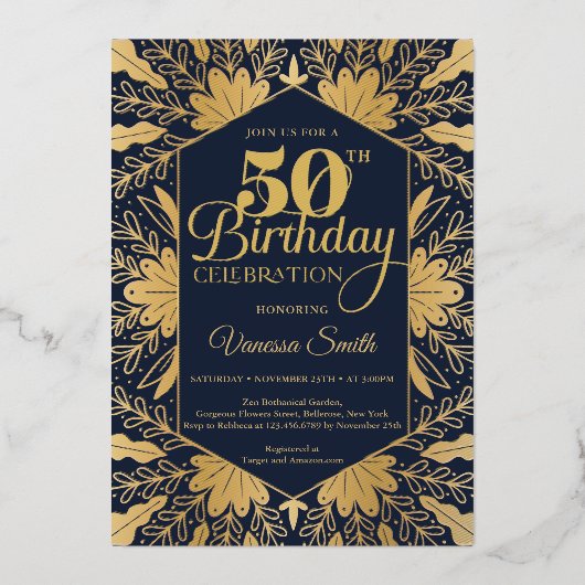 Elegant chic navy en echte gouden folie 50ste verj uitnodiging (Voorkant)