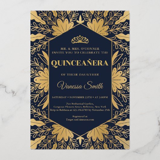 Elegant chic navy en echte gouden folie quinceaner folie uitnodiging (Voorkant)