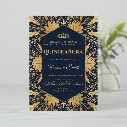 Elegant chic navy en echte gouden folie quinceaner folie uitnodiging (Staand Voorkant)