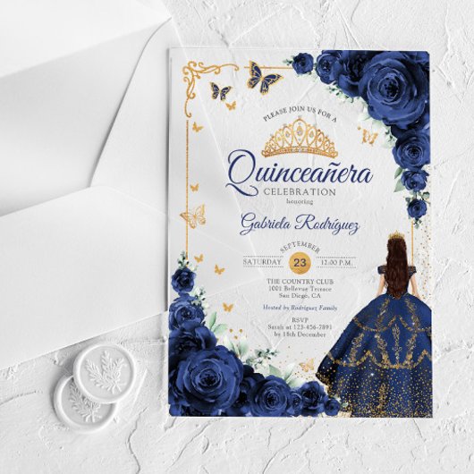 Elegant Chic Navy Roses Gold Quinceanera Acryl Uitnodigingen