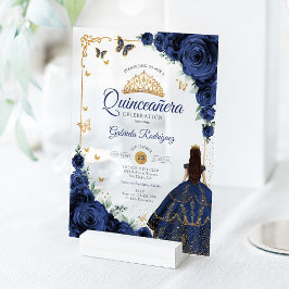 Elegant Chic Navy Roses Gold Quinceanera  Acryl Uitnodigingen