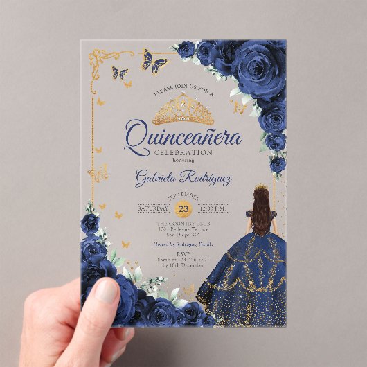 Elegant Chic Navy Roses Gold Quinceanera Acryl Uitnodigingen (Insitu (Draagbaar))