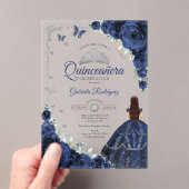 Elegant Chic Navy Roses Silver Quinceanera  Acryl Uitnodigingen (Insitu (Draagbaar))