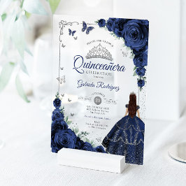 Elegant Chic Navy Roses Silver Quinceanera Acryl Uitnodigingen