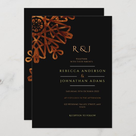 Elegant Chic Ornamental Black and Gold Wedding Kaart (Voorkant / Achterkant)