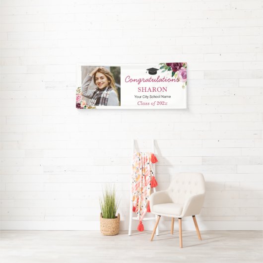 Elegant Chic Paars Floral Foto Graduation Party Spandoek (Insitu)