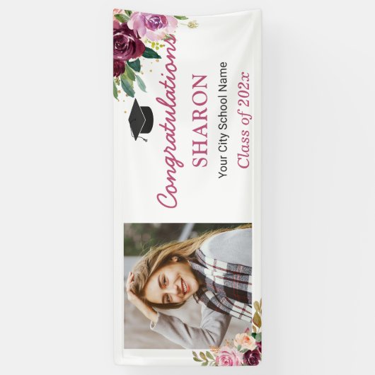 Elegant Chic Paars Floral Foto Graduation Party Spandoek (Verticaal)
