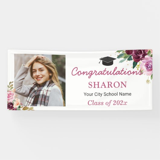 Elegant Chic Paars Floral Foto Graduation Party Spandoek (Horizontaal)
