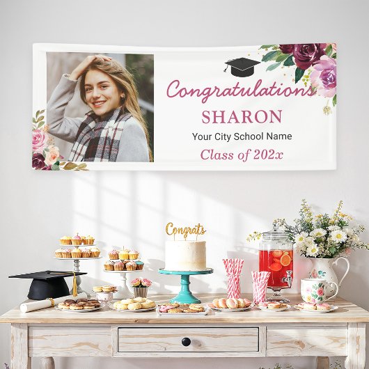 Elegant Chic Paars Floral Foto Graduation Party Spandoek