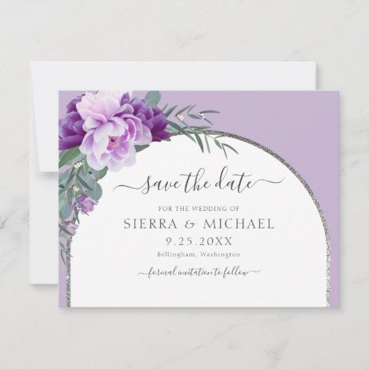 Elegant Chic Paars Floral Silver Arch Wedding Save The Date (Voorkant)