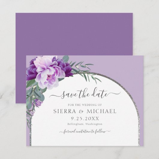 Elegant Chic Paars Floral Silver Arch Wedding Save The Date (Voorkant / Achterkant)