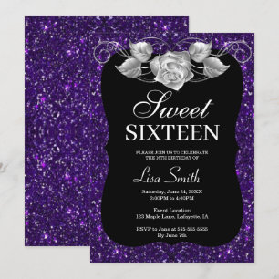 Elegant Chic Paars Glitter Silver Roos Sweet 16 Kaart
