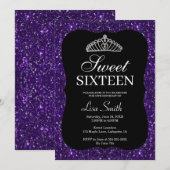 Elegant Chic Paars Glitter Tiara Sweet 16 Kaart (Voorkant / Achterkant)