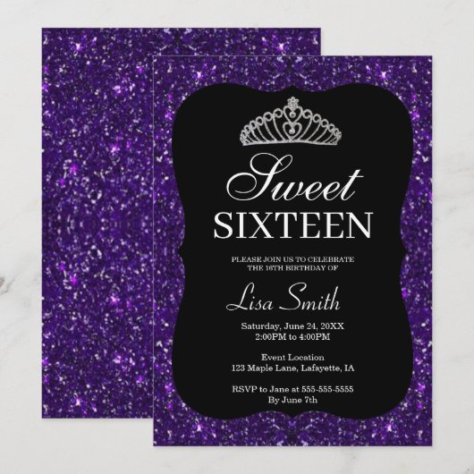 Elegant Chic Paars Glitter Tiara Sweet 16 Kaart (Voorkant / Achterkant)