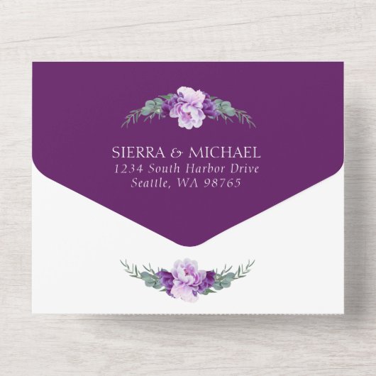 Elegant Chic Paars & Gold Floral Wedding All In One Uitnodiging (Achterkant)