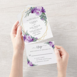 Elegant Chic Paars & Gold Floral Wedding All In One Uitnodiging
