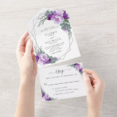 Elegant Chic Paars & Silver Floral Wedding All In One Uitnodiging (Afscheurbaar)