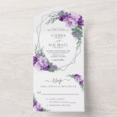 Elegant Chic Paars & Silver Floral Wedding All In One Uitnodiging (Binnen)