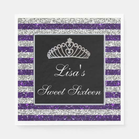 Elegant Chic Paars Silver Glitter Tiara Sweet 16 Servet (Voorkant)