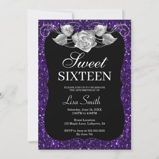 Elegant Chic Paarse Glitter Zilver Roos Sweet 16 Kaart (Voorkant)