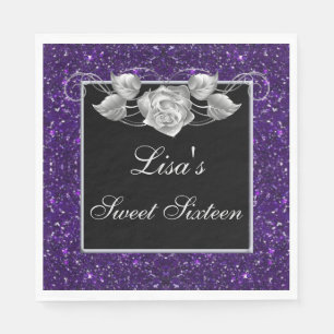 Elegant Chic Paarse Glitter Zilver Roos Sweet 16 Servet