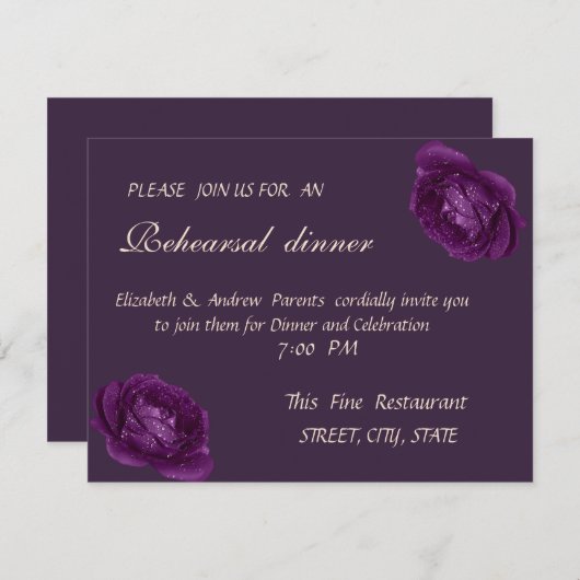 Elegant Chic Paarse Rozen Rehearsal Dinner Kaart (Voorkant / Achterkant)