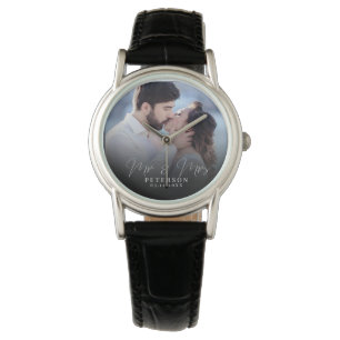 Elegant Chic Pas getrouwd Wedding Photo Jubileum Horloge