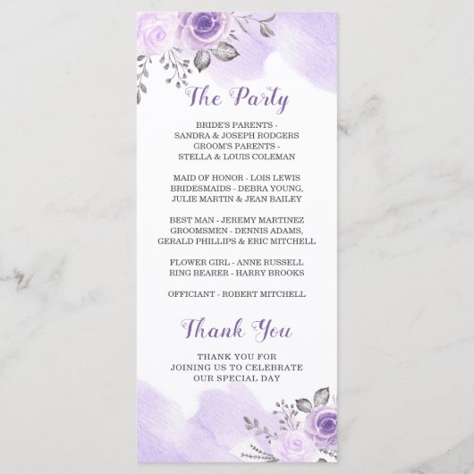 Elegant Chic Pastel Purple Flowers Wedding Program Programmakaart (Achterkant)