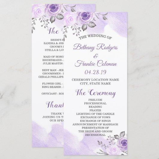 Elegant Chic Pastel Purple Flowers Wedding Program Programmakaart (Voorkant / Achterkant)