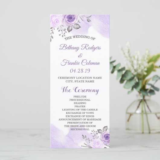 Elegant Chic Pastel Purple Flowers Wedding Program Programmakaart (Staand voorkant)