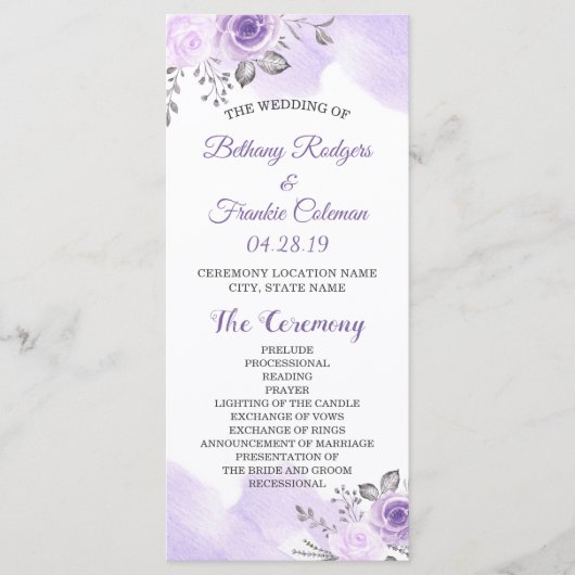 Elegant Chic Pastel Purple Flowers Wedding Program Programmakaart (Voorkant)