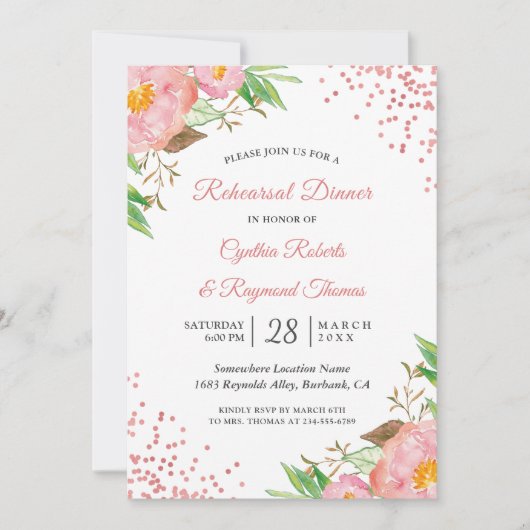 Elegant Chic Pink Floral Confetti Rehearsal Dinner Kaart (Voorkant)