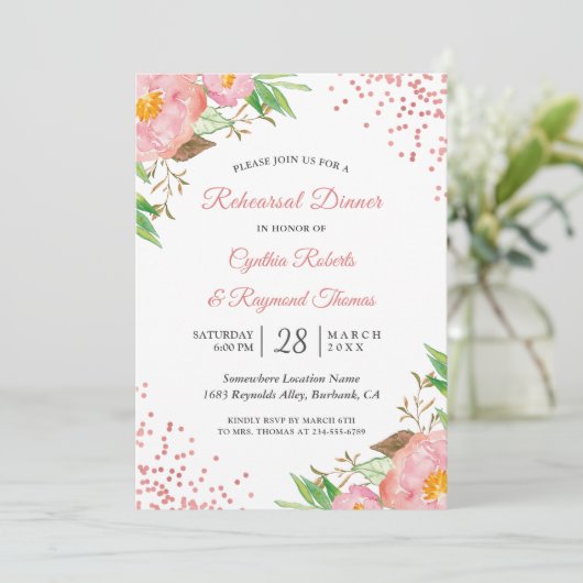Elegant Chic Pink Floral Confetti Rehearsal Dinner Kaart (Staand voorkant)