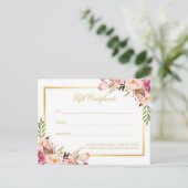 Elegant Chic Pink Floral Gold Gift Certificate Briefkaart (Staand voorkant)