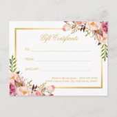 Elegant Chic Pink Floral Gold Gift Certificate Briefkaart (Voorkant)