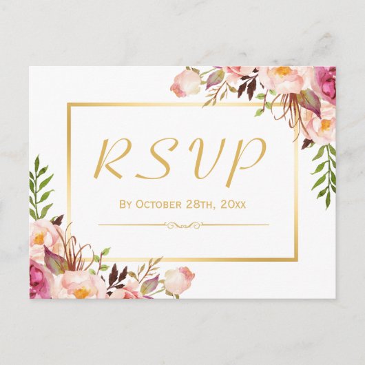 Elegant Chic Pink Floral Gold Lijst Wedding RSVP Uitnodiging Briefkaart (Voorkant)