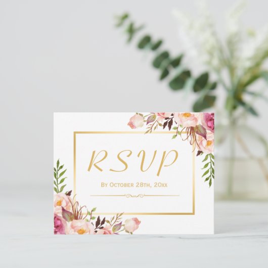 Elegant Chic Pink Floral Gold Lijst Wedding RSVP Uitnodiging Briefkaart (Staand voorkant)