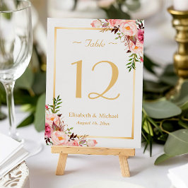 Elegant Chic Pink Floral Gold Wedding Table Number Kaart