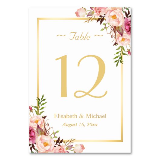Elegant Chic Pink Floral Gold Wedding Table Number Kaart (Achterkant)