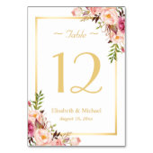 Elegant Chic Pink Floral Gold Wedding Table Number Kaart (Voorkant)