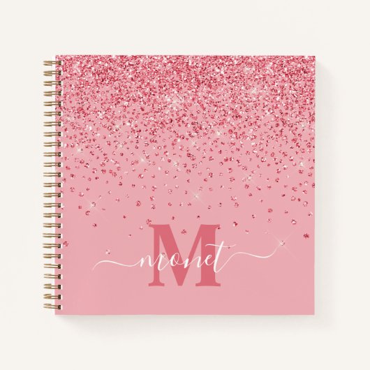 Elegant Chic Pink Glitter Glam Monogram Naam Notitieboek (Voorkant)