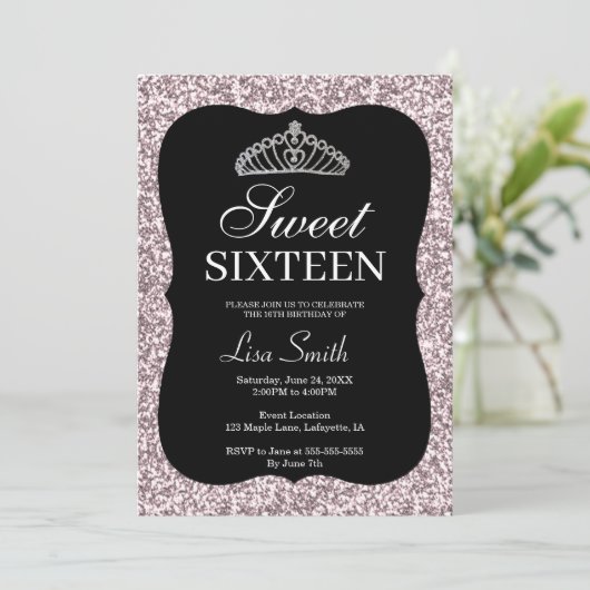 Elegant Chic Pink Glitter Tiara Sweet 16 Kaart (Staand voorkant)