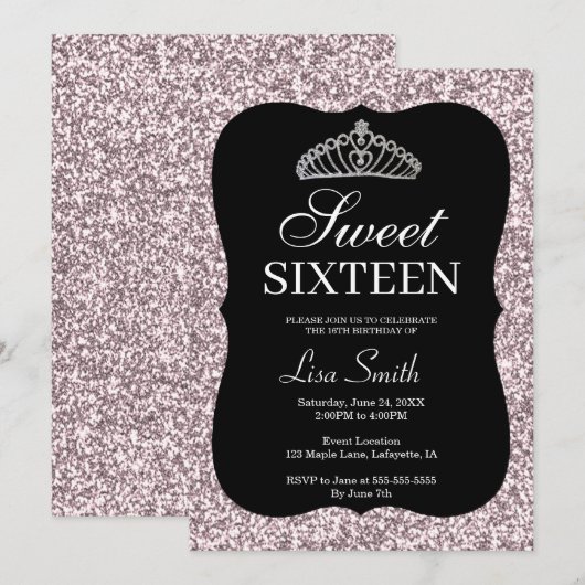 Elegant Chic Pink Glitter Tiara Sweet 16 Kaart (Voorkant / Achterkant)