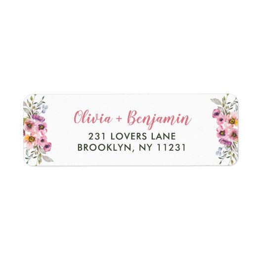 Elegant Chic Pink Paars Floral Waterverf Script Etiket (Voorkant)
