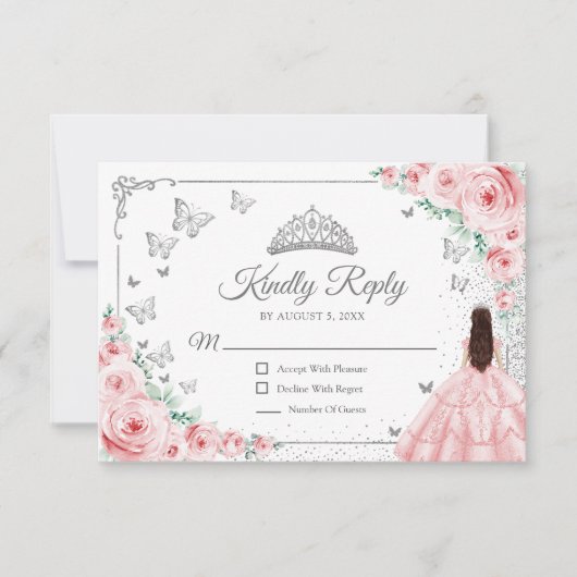 Elegant Chic Pink Silver Quinceanera Reply RSVP Kaartje (Voorkant)