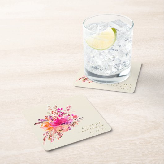 Elegant Chic Pink Waterverf Floral Wedding Custom Kartonnen Onderzetters (Insitu)