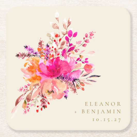 Elegant Chic Pink Waterverf Floral Wedding Custom Kartonnen Onderzetters (Voorkant)