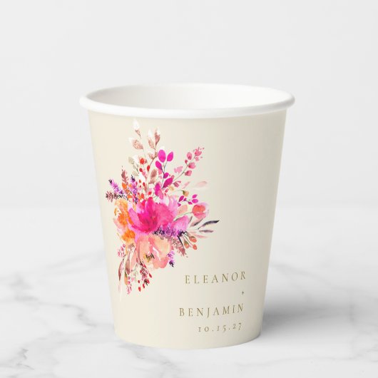 Elegant Chic Pink Waterverf Floral Wedding Custom Papieren Bekers (Voorkant)