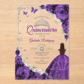 Elegant Chic Purple Roses Silver Quinceanera  Acryl Uitnodigingen (Voorkant)