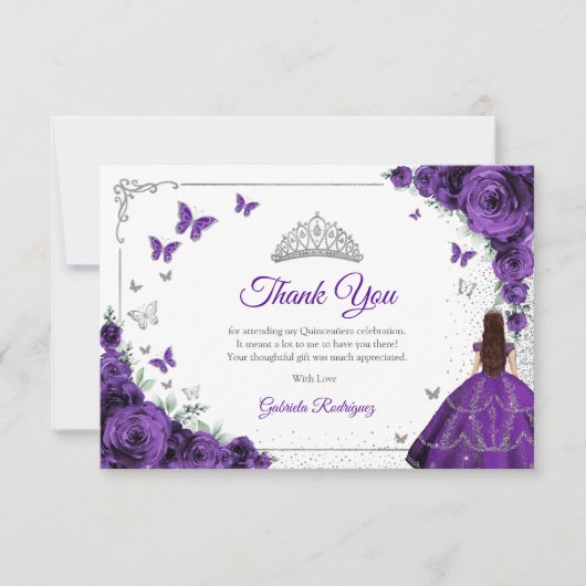 Elegant Chic Purple Roses Silver Quinceanera Bedankkaart (Voorkant)